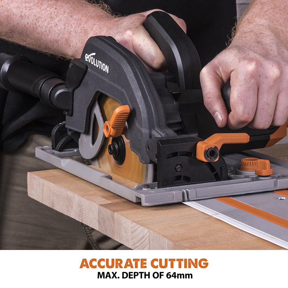 Evolution R185CCSX 185mm Circular Saw with 1020mm 3-piece Mini Track and TCT Multi-Material Cutting Blade - Image 5