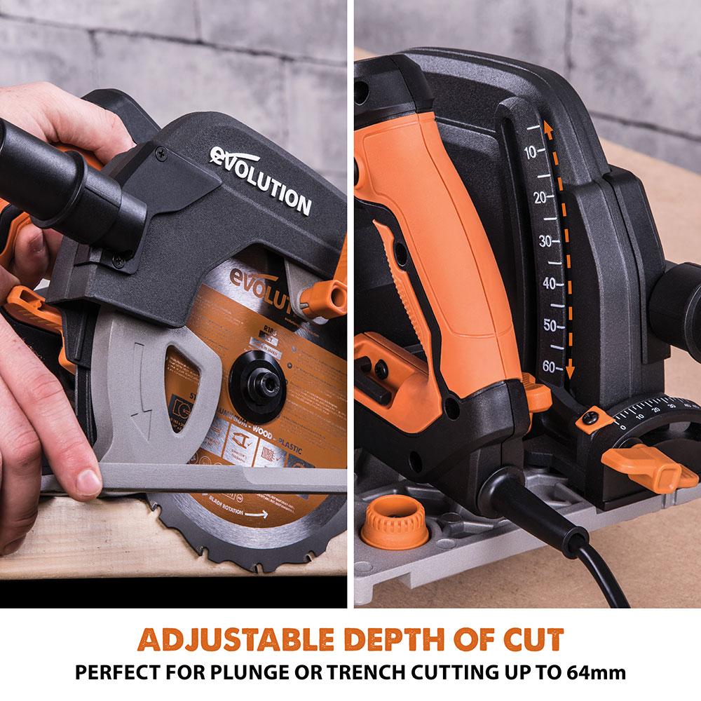 Evolution R185CCSX 185mm Circular Saw with 1020mm 3-piece Mini Track and TCT Multi-Material Cutting Blade - Image 7