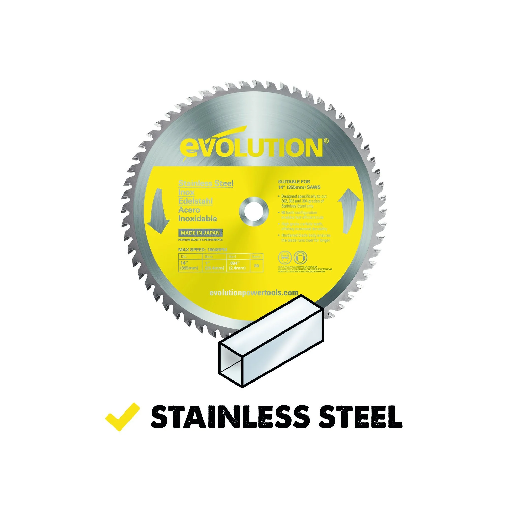 Evolution 355mm Stainless Steel Cutting 90T Chop Saw Blade - Image 4