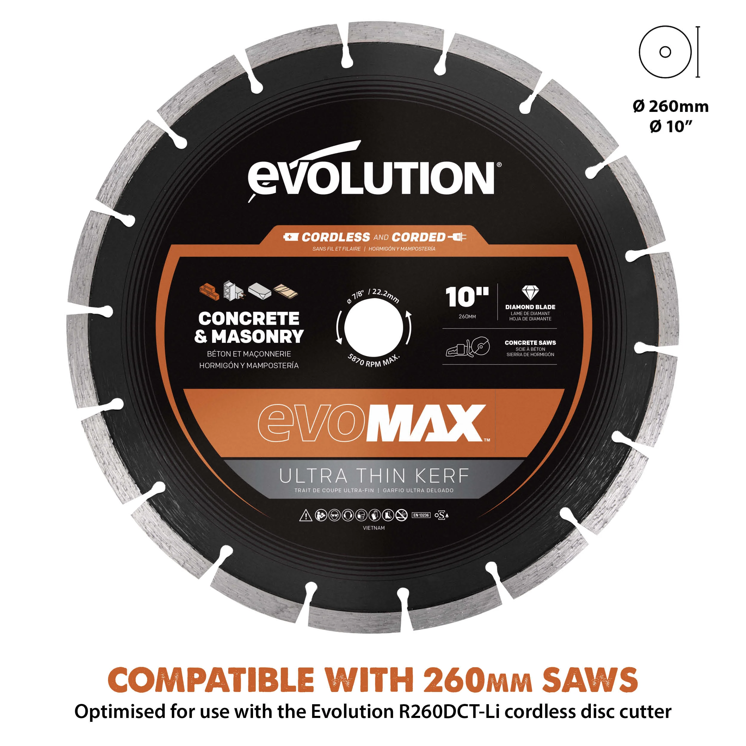 Evolution EVOMAX 260mm Ultra Think Kerf, Premium Diamond Disc Cutter Blade, 22.2mm Bore - Image 9