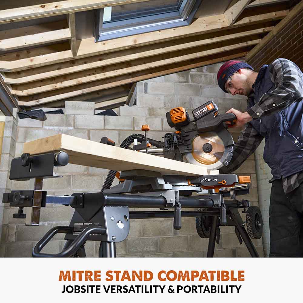 Evolution Cordless R255SMS-DB-Li Double Bevel Mitre Saw & Universal Stand Bundle - Image 6