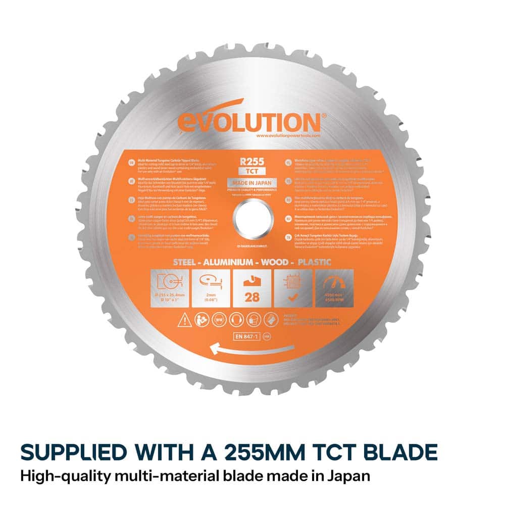 Evolution R255SMS+ 255mm Sliding Compound Mitre Saw & Evolution XL Rolling Mitre Saw Stand Bundle - Image 7