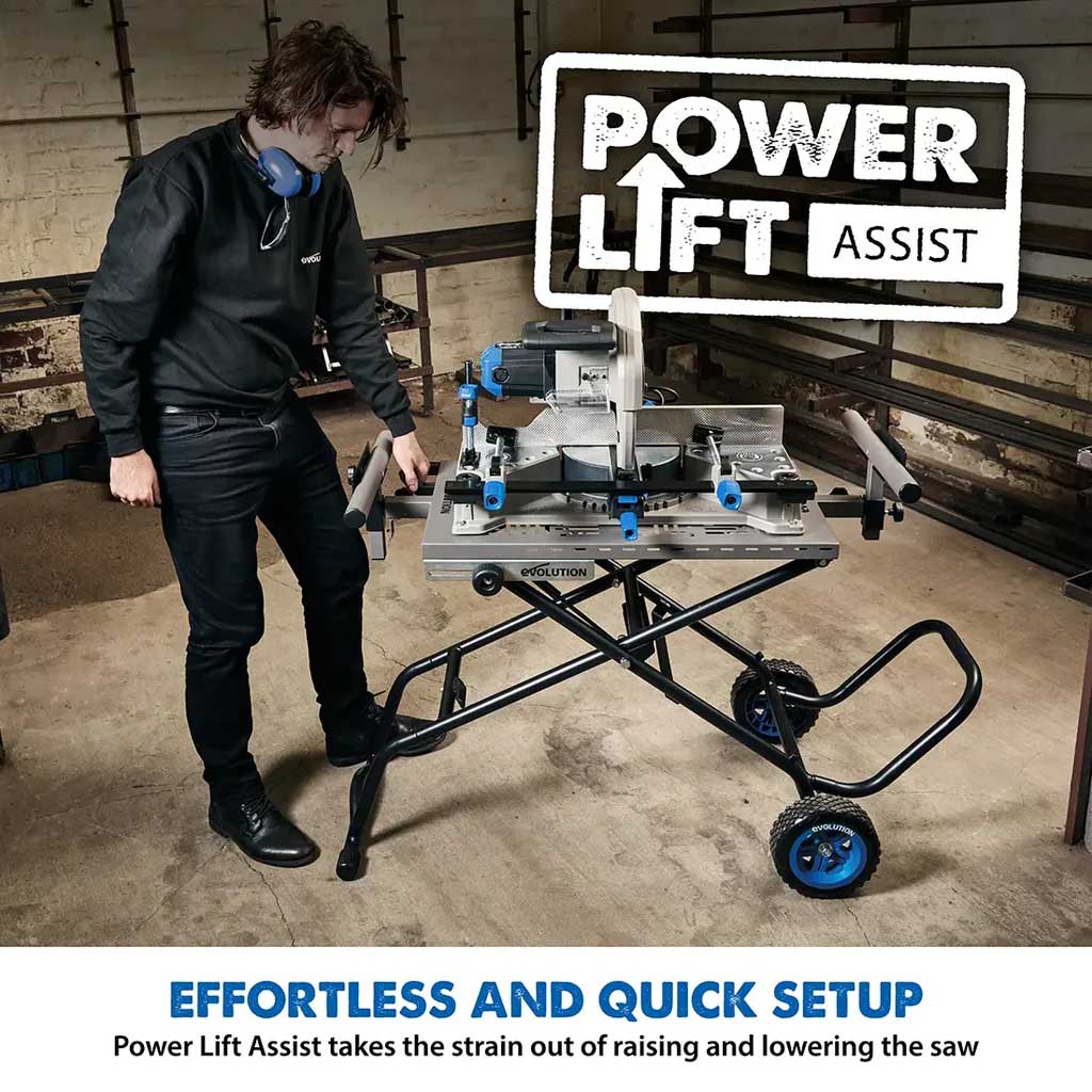 Evolution S355MCS Mitre Chop Saw Wheeled Stand With Powerlift Assist. - Image 2