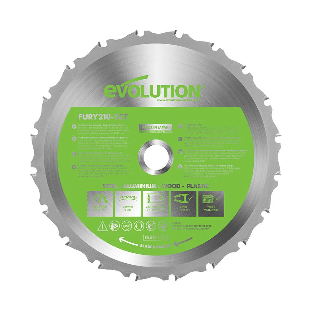 Evolution 210mm Multi-Material Cutting 20T Mitre & Table Saw Blade