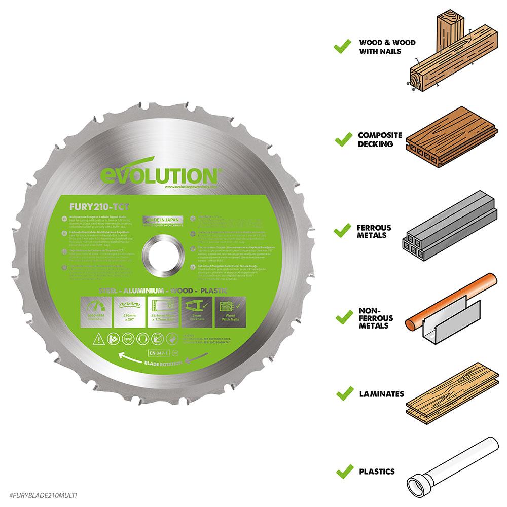 Evolution 210mm Multi-Material Cutting 20T Mitre & Table Saw Blade - Image 2