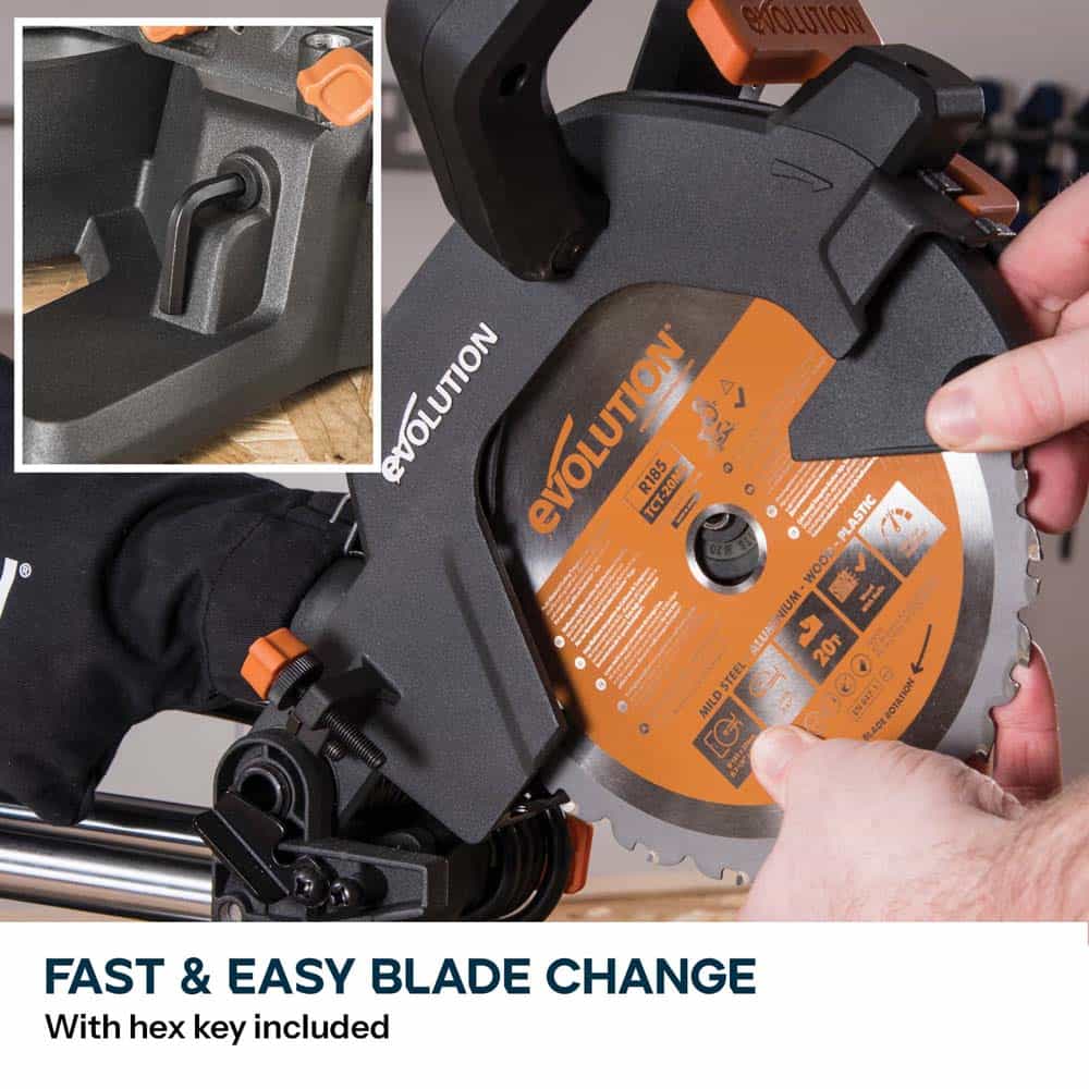 Evolution R185SMS+ 185mm Sliding Compound Mitre Saw With TCT Multi-Material Cutting Blade (230V) - Image 19