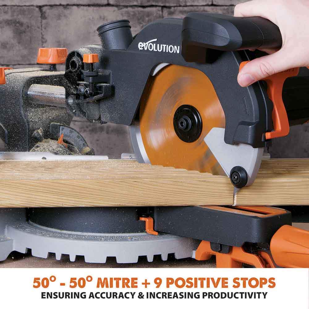 Evolution R210SMS 210mm Sliding Mitre Saw With TCT Multi-Material Cutting Blade - Image 8