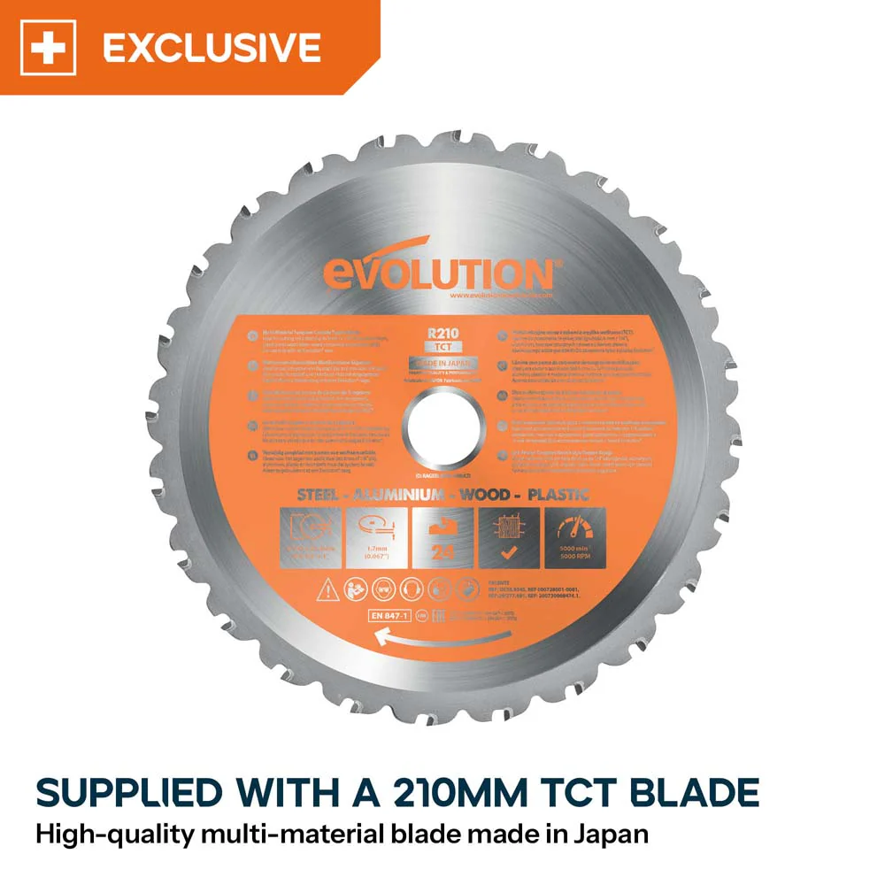 Evolution R210SMS+ 210mm Sliding Compound Mitre Saw With TCT Multi-Material Cutting Blade - Image 4