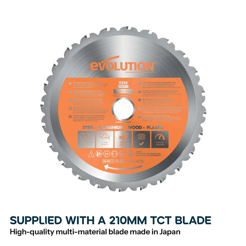 Evolution R210SMS-300+ 210mm Sliding Compound Mitre Saw With TCT Multi-Material Cutting Blade - Image 4