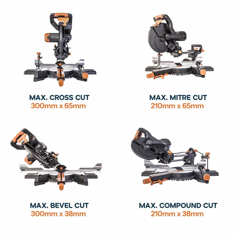 Evolution R210SMS-300+ 210mm Sliding Compound Mitre Saw With TCT Multi-Material Cutting Blade - Image 5