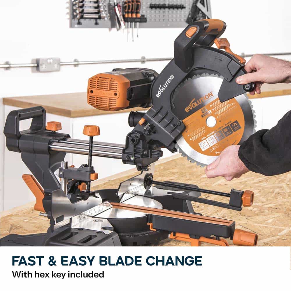 Evolution R255SMS-DB+ 255mm Double Bevel Sliding Compound Mitre Saw with 40T Wood Blade and 28T Multi-Material TCT Blade - Image 12