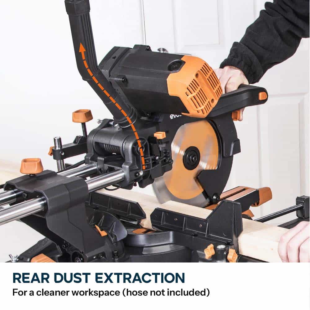 Evolution R255SMS-DB+ 255mm Double Bevel Sliding Compound Mitre Saw with 40T Wood Blade and 28T Multi-Material TCT Blade - Image 14
