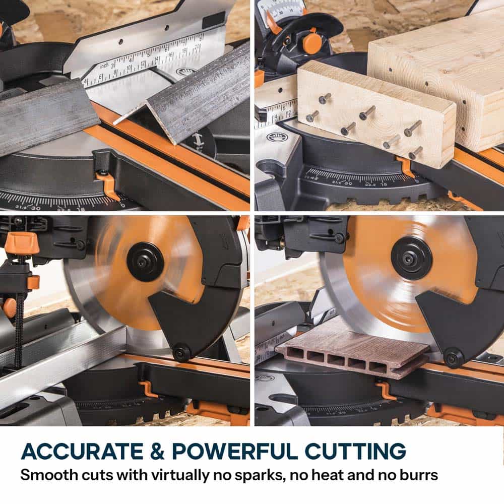 Evolution R255SMS-DB+ 255mm Double Bevel Sliding Compound Mitre Saw with 40T Wood Blade and 28T Multi-Material TCT Blade - Image 3