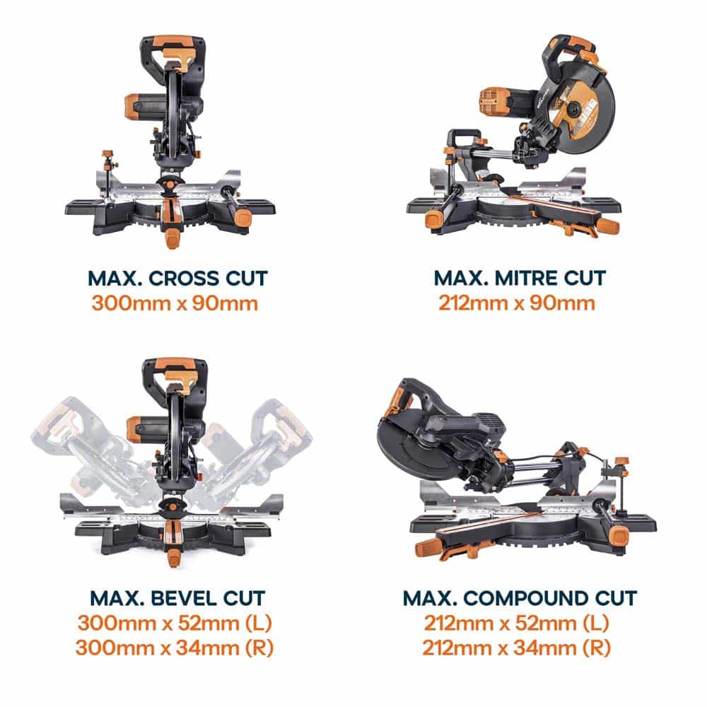 Evolution R255SMS-DB+ 255mm Double Bevel Sliding Mitre Saw With 28T TCT Multi-Material Cutting Blade - Image 7