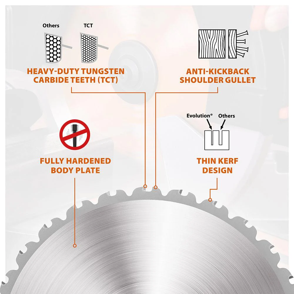Evolution 255mm Multi-Material Cutting 28T Mitre & Table Saw Blade - Image 5